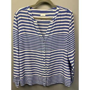 STENSTROMS Silk shirt Womens size 40 Large Striped Button front‎ V Neck Blue